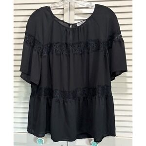 Chelsea Black Chiffon Round Neck Short Ruffle Sleeve Lace Blouse Size Large